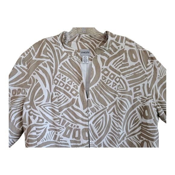 CHICO'S 3 Women XL Blazer Jacket Silk Linen Safari Pattern Beige White Hooks 44" - Picture 2 of 7